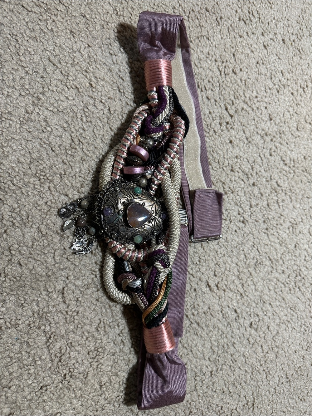 Vintage bead rope belt velcro adjustable band satin old rose color